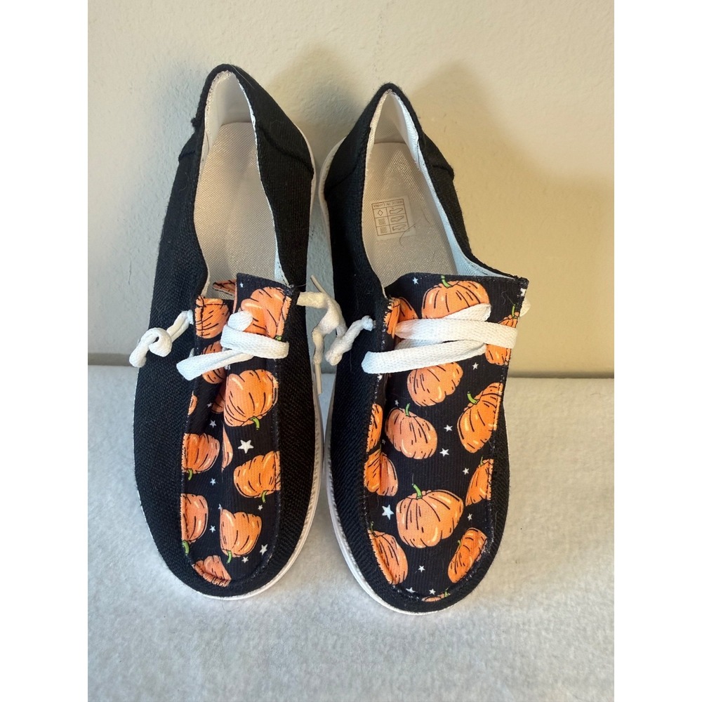 Women's Black Canvas Pumpkin Print Slip On Shoes Fall & Halloween Casual Loafers